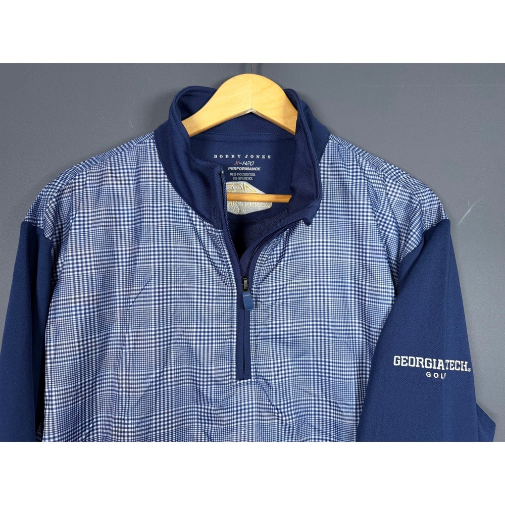 Bobby Jones Georgia Tech Golf Quarter Zip Pullover Navy Blue Check Mens Medium